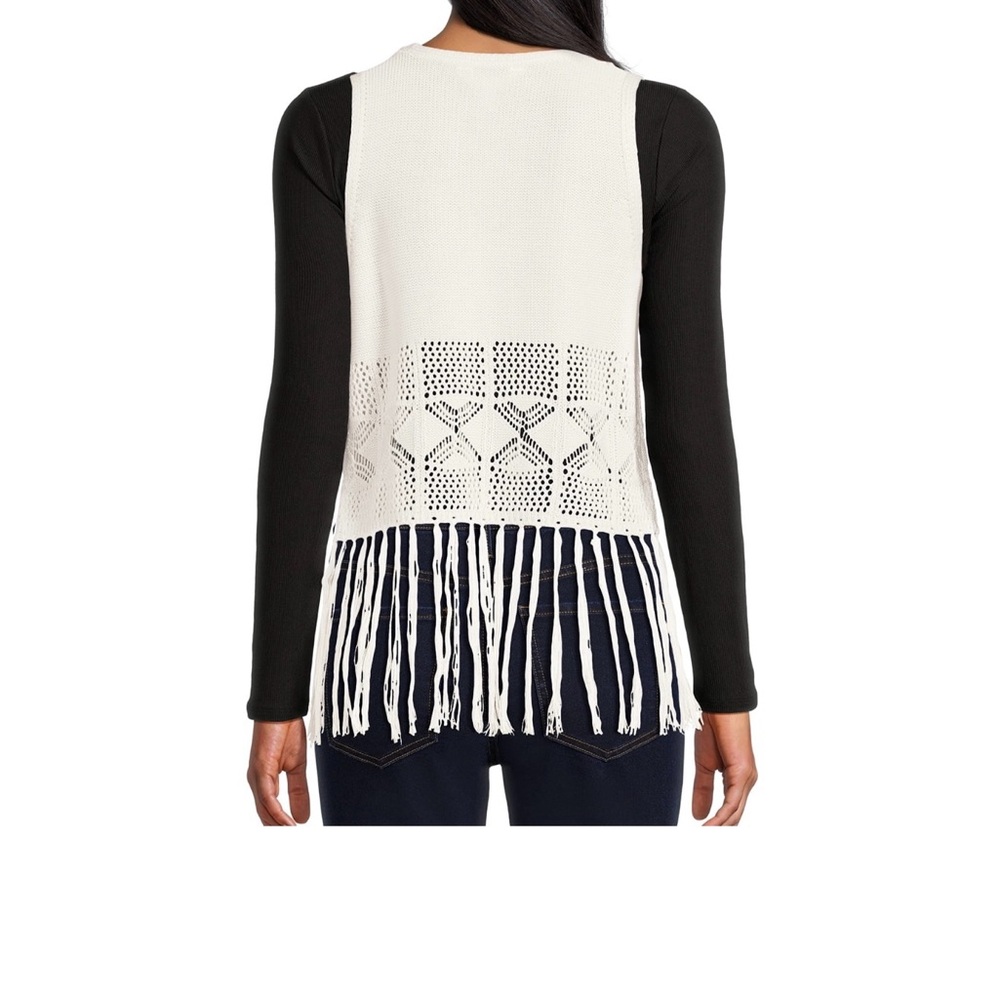 Boho White Western Style Crochet Fringe Knit Vest Junior’s Cream Size Small - Picture 2 of 10
